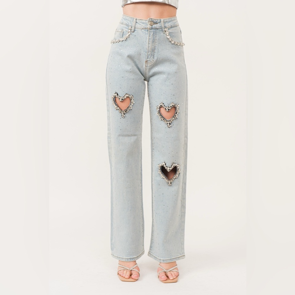 439. Heart Embellished Cut Out Jeans in Blue Denim